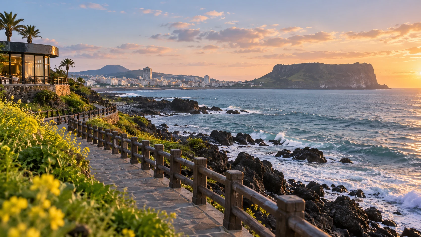 AI-generated editorial illustration of a Korean coastal landscape