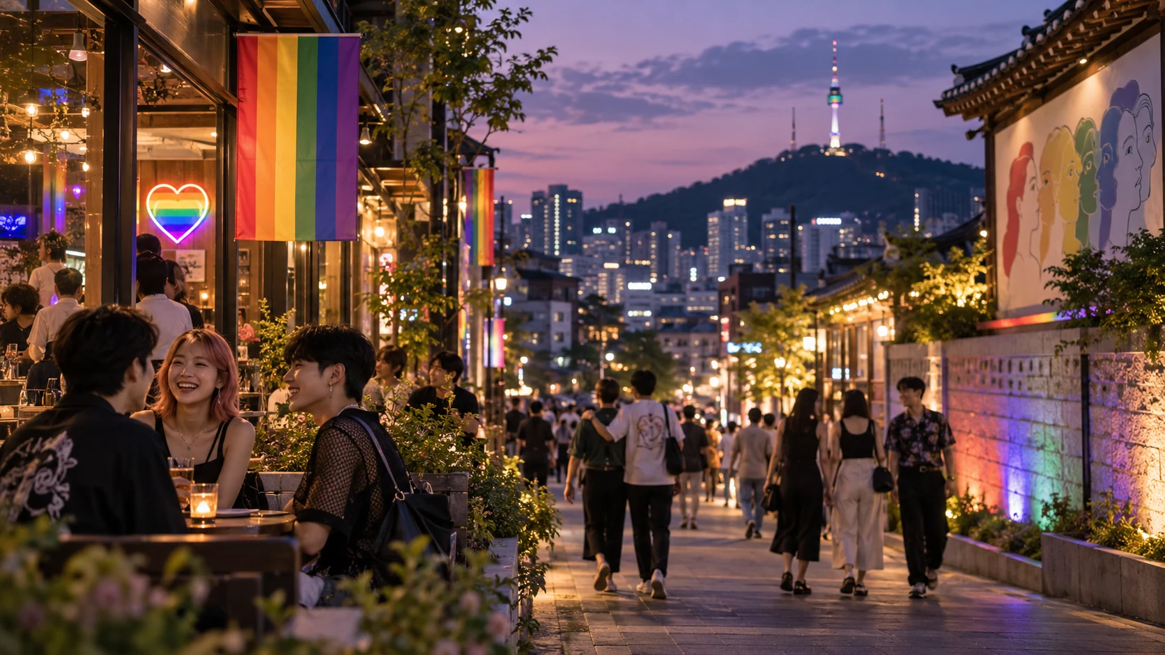 AI-generated editorial illustration of an inclusive Korean city street