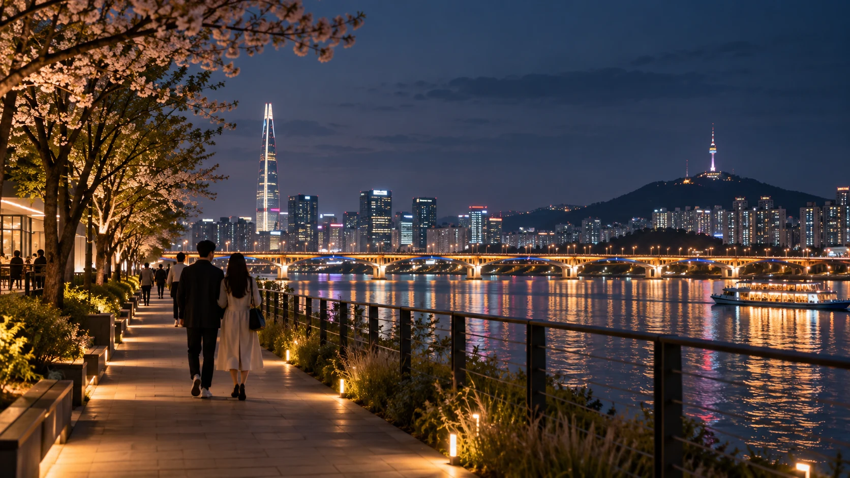 AI-generated editorial illustration of a Seoul-inspired riverside at night