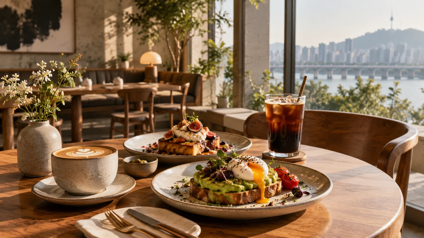 AI-generated editorial illustration of a contemporary Korean café table