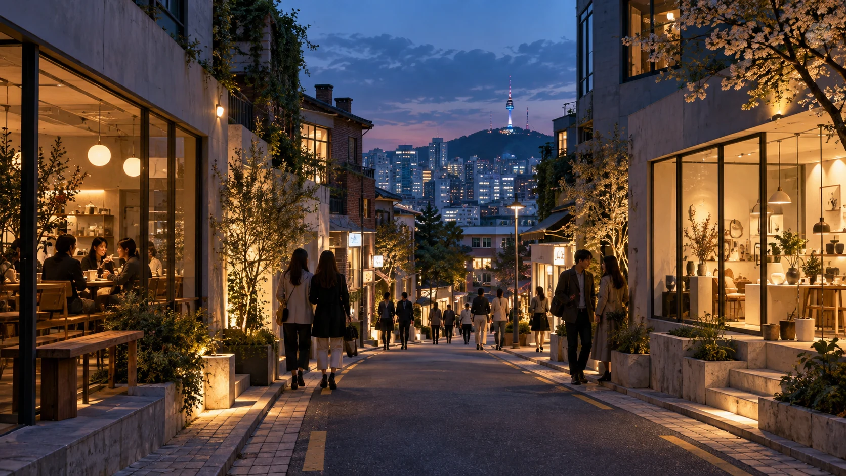 AI-generated editorial illustration of a Seoul-inspired neighborhood at dusk