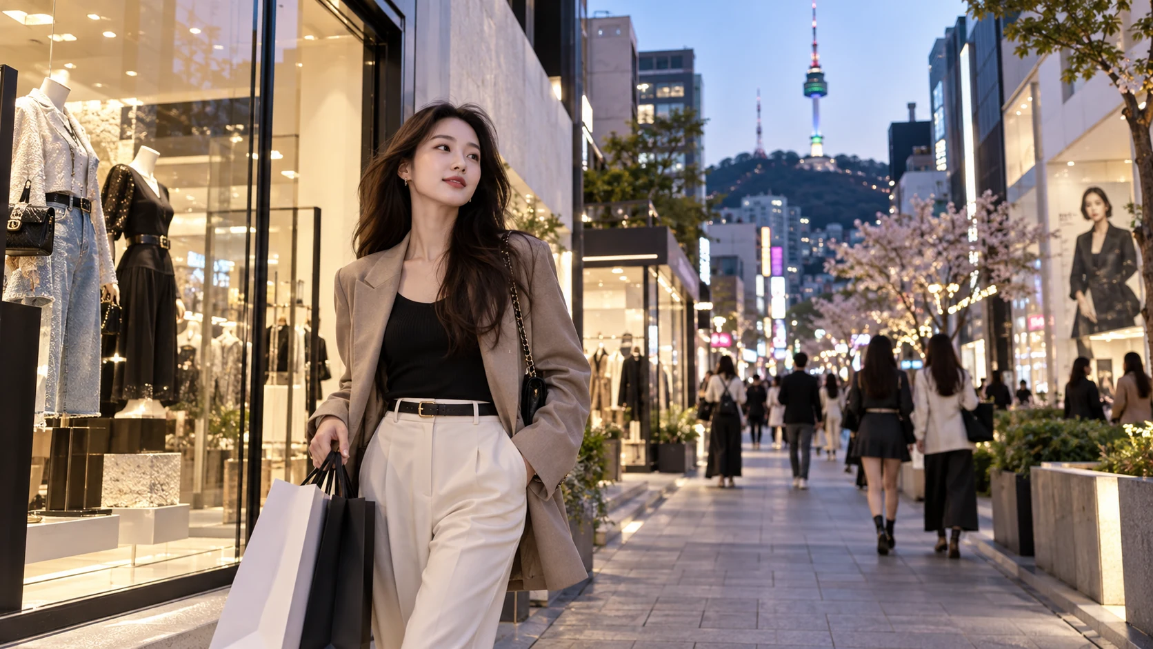 AI-generated editorial illustration of a contemporary Korean shopping street